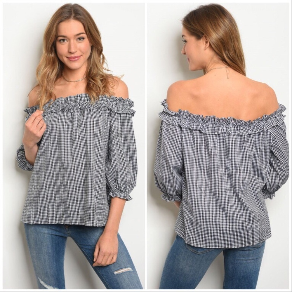 Black White Gingham Checked Off Shoulder Top
